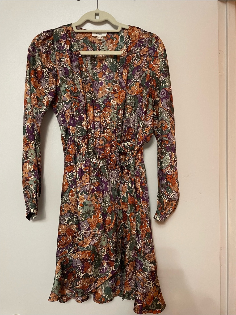 SUNCOO Floral Long-Sleeve Wrap Dress in Orange, Purple & Green